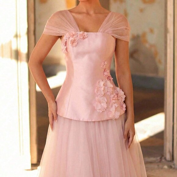 Pink Elegant Women's Satin Mesh Patchwork 3D Floral A-Line Evening Gown - Picture 5 of 6